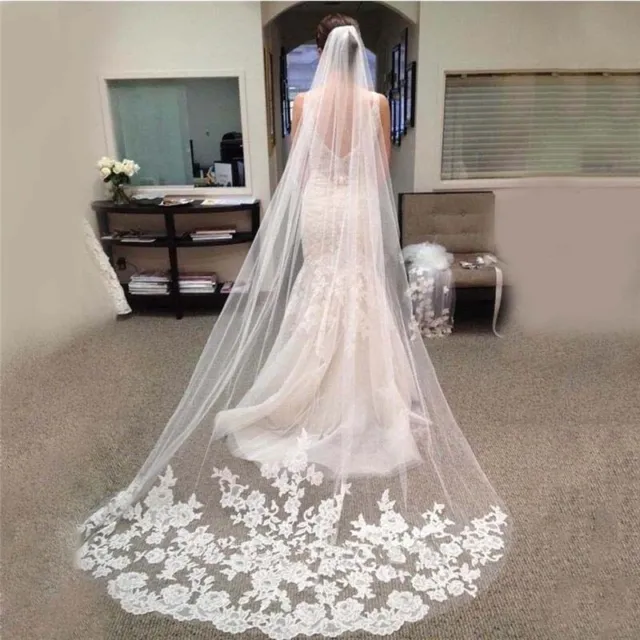 RULTA White Ivory Cathedral Wedding Bridal Veils Lace Applique Edge Veil Comb 3M