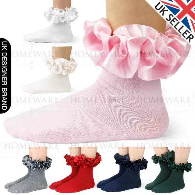 Girls Frilly Satin Ankle Socks Latest Spanish Style Uk Designer Socks White Pink