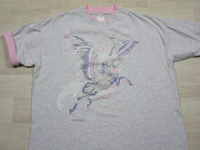 Vintage Unicorn Glitter Graphic Florida Double Collar & Sleeve T Shirt Size (XL)