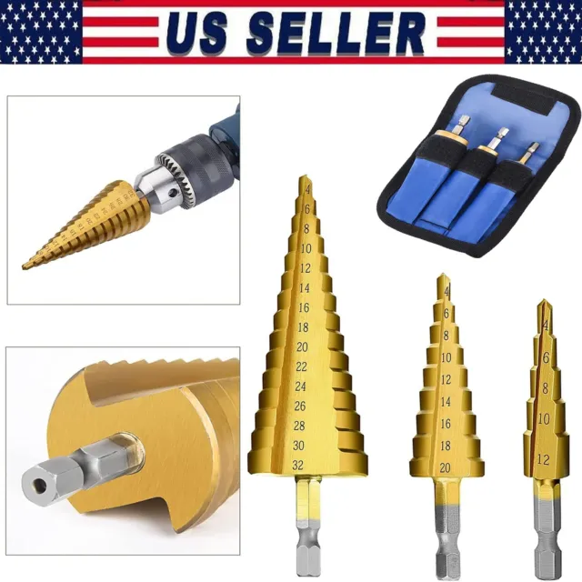 3 Piece Straight & Rotate Step Drill Bit HSS Multi Size Step Hole Unibit for DIY