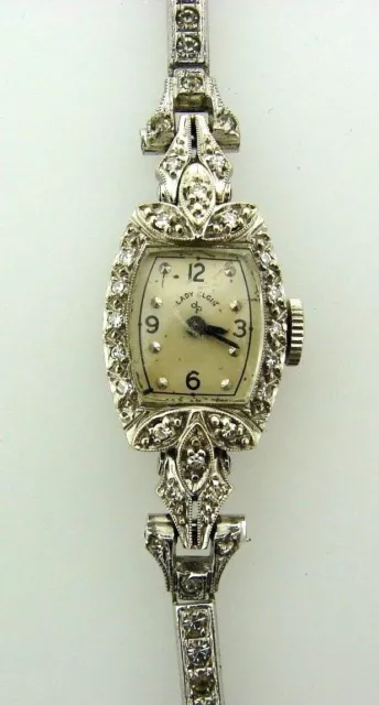 Lady Elgin Sterling Silver 14K White Gold Diamond Watch Art Deco C.1920