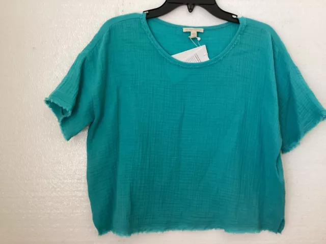 Eileen Fisher Organic Cotton Gauze Ballet Neck Box Top Turquoise XXS NWT $128