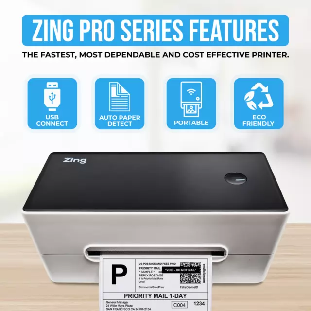 Zing® PRO Series 300DPI Thermal Label Printer Black Auto Print 150mm 4x6