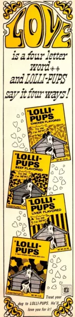 PRINT AD 1971 Lolli Pups Dog Treats Snacks Love Bubble Letters Yellow Vintage