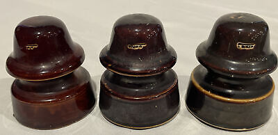 Vtg Ceramic Porcelain Dark Brown Glaze Telephone Telegraph Insulator lot of 3