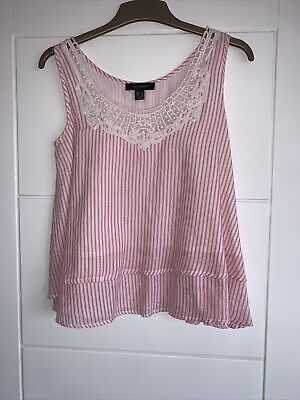 Primark Size 8 Double Layer White Striped Linen Look Cami With Crochet Detail