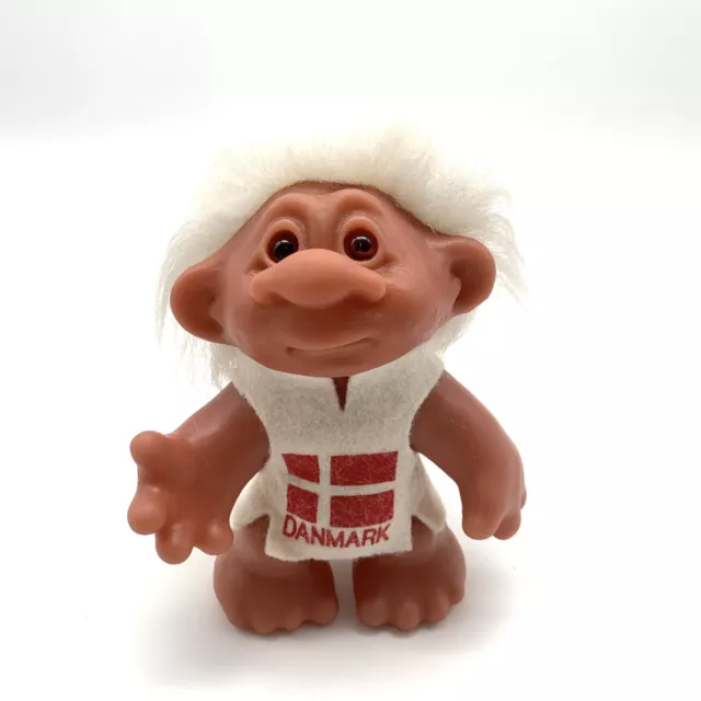 Original DAM Zaubertroll Troll Vintage DANMARK Bunte Haare Weiss Spielzeug Zwerg