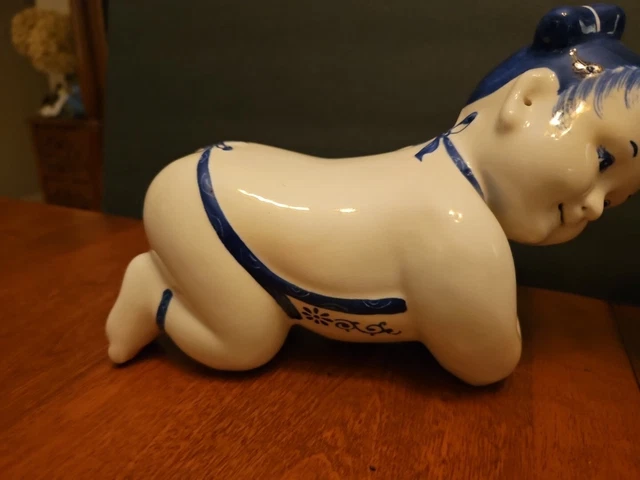 Vtg Pair Chinese Blue & White Figure Porcelain Opium Pillow/Head Rest Blue/White 3