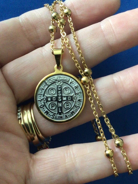 St BENEDICT Protection NECKLACE Saint Medal Two Tone Stainless Steel Rosary 20”