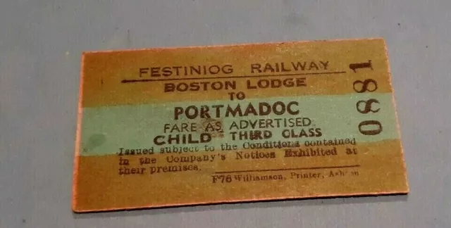 FESTINIOG RAILWAY - BOSTON  LODGE to PORTMADOC   (Child Ticket - 3rd Class)