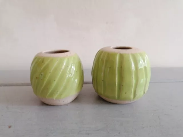 2 x Studio Pottery Small Ribbed Vase Pot Green Glazed Sally Gardiner Decorative