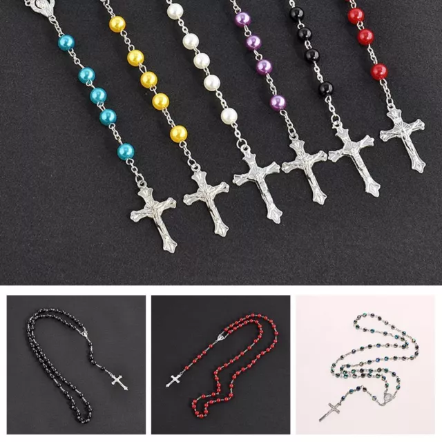 Fashion Crucifix Rosary Beads Chain Cross Necklace Jesus Virgin Mary Pendant