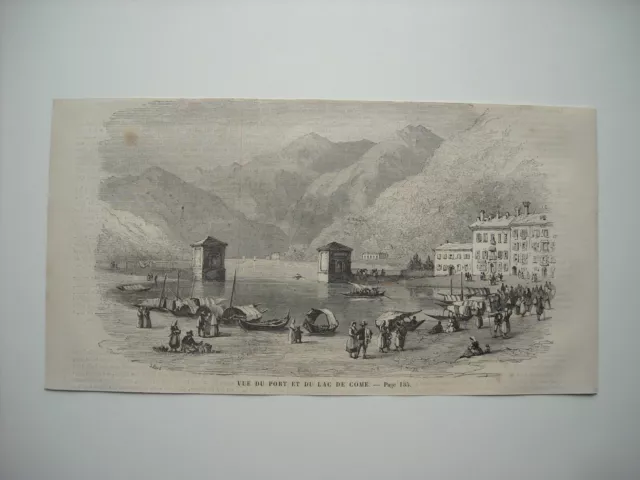 Gravure 1860. Italie. Vue Du Port Et Du Lac De Come.