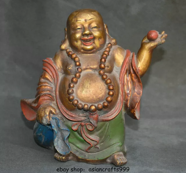 9 "Chinese Bronze Gild gemalt Reichtum glücklich Lachen Maitreya Buddha Skulptur