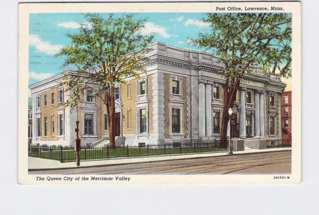 PPC Postcard MA Massachusetts Lawrence Post Office Exterior Queen City Merrimac