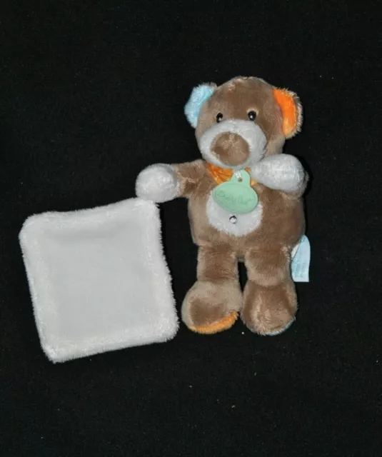 Peluche doudou ours BABY NAT' mouchoir double blanc  bandana orange 16 cm NEUF