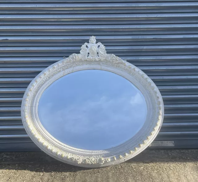 Very Large Antique Painted Decorative Oval French Bevelled Mirror