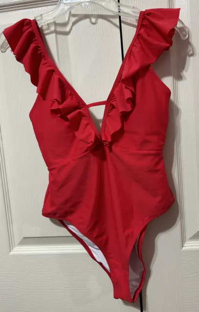 CUPSHE Women’s Red Ruffle V Neck One Piece Swimsuit Criss Cross Back NWT Size S