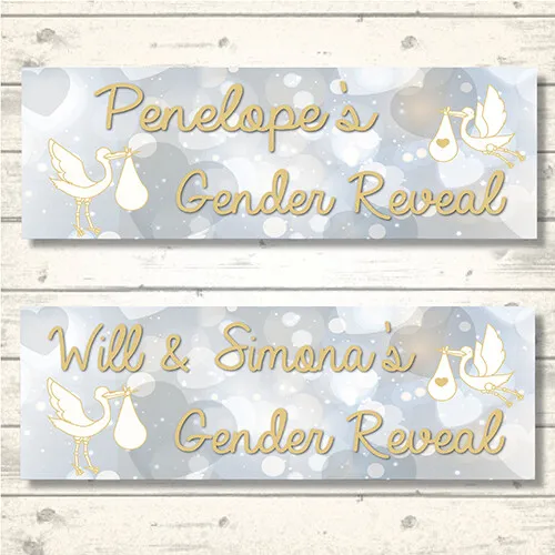2 PERSONALISED STORK GENDER REVEAL BANNERS - 800 x 297mm - ANY NAME(S)/MESSAGE