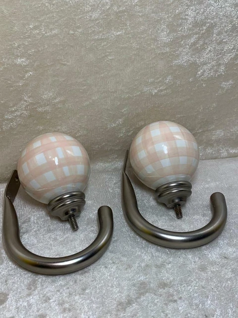 Pottery Barn Pair Peach Plaid Finial Ceramic Curtain Holdback Wall Tie Back