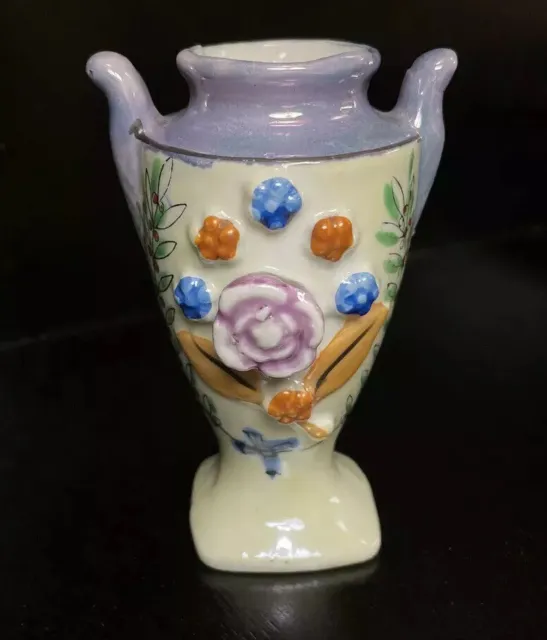 Vtg MORIYAMA Mini Lustreware Bud Vase Double Handle Urn Shape w/ 3D Flowers
