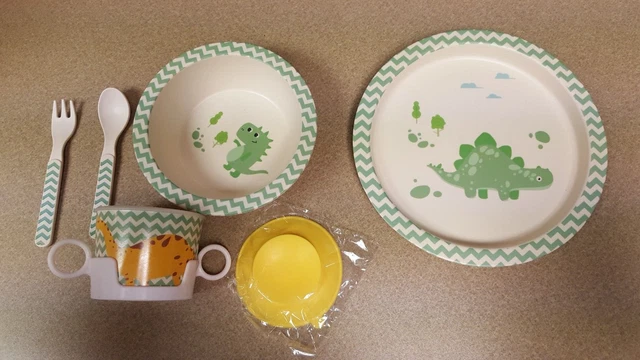 SHOP WITH GREEN 5 Piece Baby Dinosaur Tableware Set Bamboo BPA Free NIB