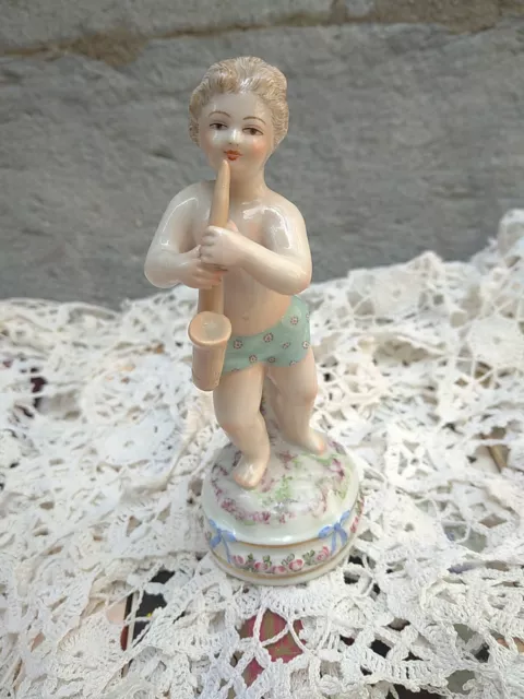 Belle Ancienne  Statue L'enfant Musicien -Biscuit Porcelaine-Saxe Germany- 14 Cm
