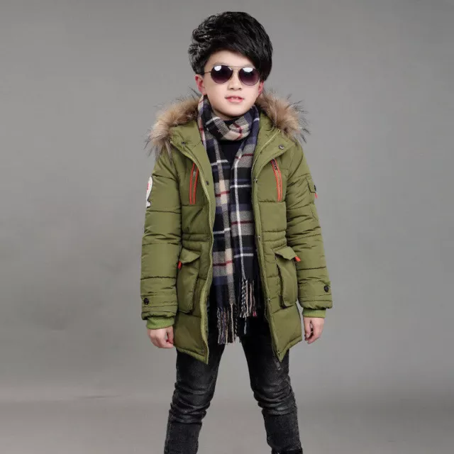 Boys Kids Back To School Fur Hooded Parka Jacket Winter Warm Coat
