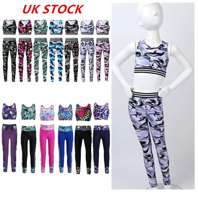 UK Kids Girls Gymnastic Workout Fitness Outfit Crop Top+Leggings Set Tracksuit