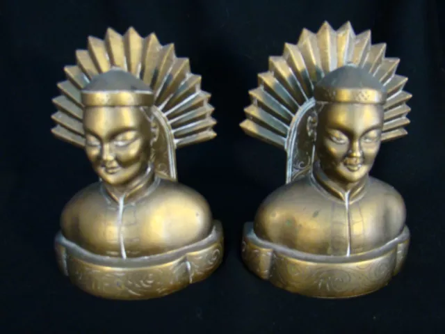 Pair of Brass Asian Bust & Feathered Fan Figure Bookends Doorstop