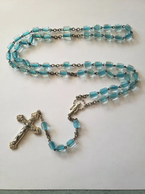 Vtg Rosary Beads Blue Murano Glass Cubed Crystal Mary Miraculous Medal Crucifix