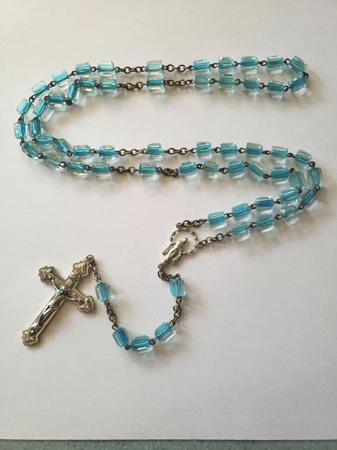 Vtg Rosary Beads Blue Murano Glass Cubed Crystal Mary Miraculous Medal Crucifix