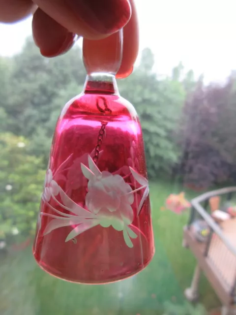 3" Czech Bohemian Etched Flower Leaves Crystal Cranberry Bell Hand Cut