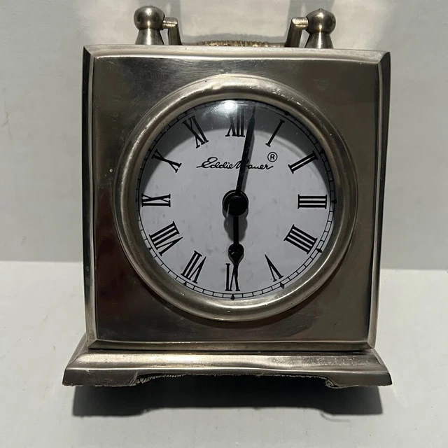 Vintage Solid Brass Eddie Bauer Mantel Desk Clock Convex Glass Working Tested
