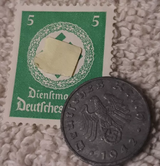 One 1942-A 1 Reichspfennig Penny , + WW2 German Green Unused Stamp
