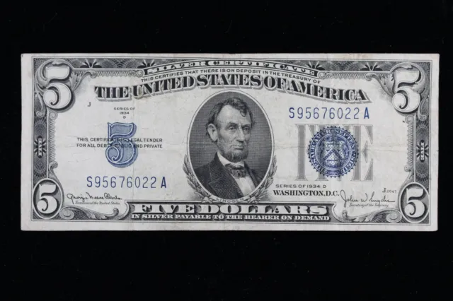 $5 1934D blue seal Silver Certificate Circulated S95676022A Exact Note Shown