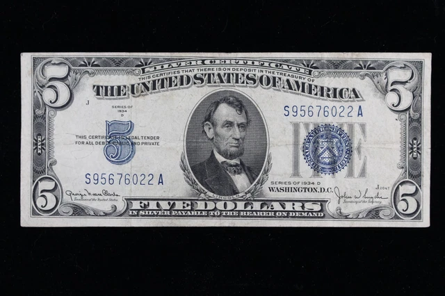 $5 1934D blue seal Silver Certificate Circulated S95676022A Exact Note Shown