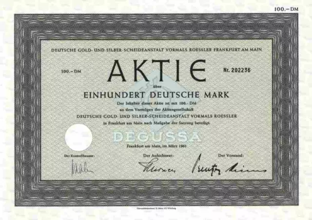 Deutsche Gold Silber Scheideanstalt Roessler DEGUSSA 1961 Frankfurt 100 DM Hanau
