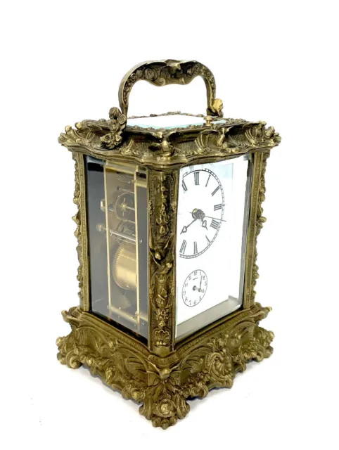 French Style Art Nouveau Brass Case Porcelain Dial 8 Day Repeater Carriage Clock 3