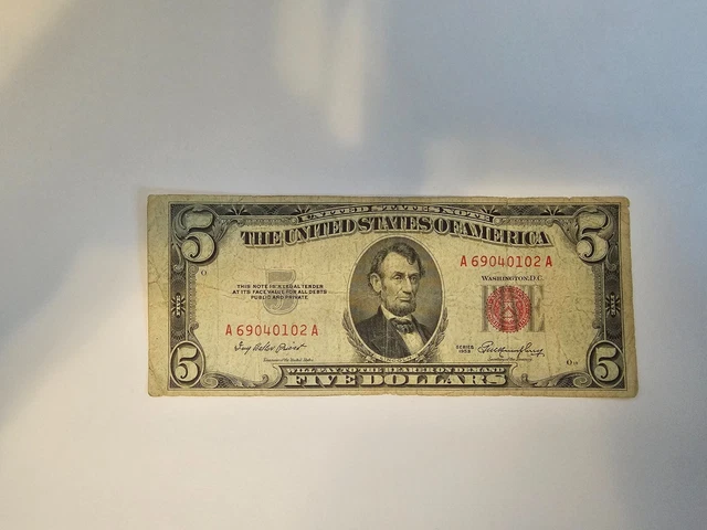 1953 $5 Red seal Ae Lincoln Dollar Rare Certificate Old Five Dollar Bill