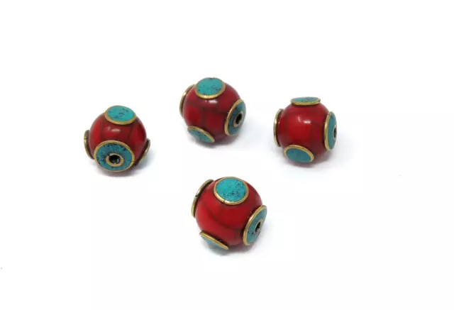 4 Loose Red Tibetan Beads Inlaid Turquoise