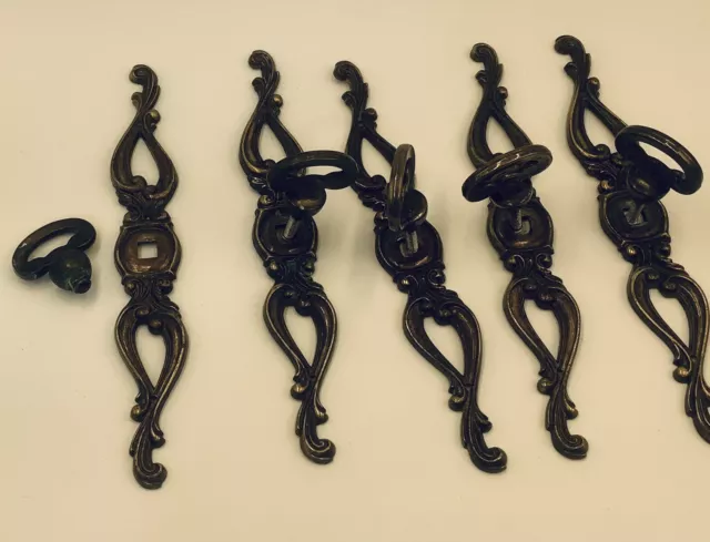 Vtg Lot of 5 Stamped K-11531 Brass Cabinet Door Drawer Pull Handles Backplates