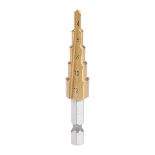 Titanium Step Drill Bit 4-12mm 5 Step Size 2 Flute Hex Shank Metal Wood HSS DIY