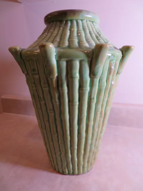 Vintage old majolica bamboo vessel green tall vase 12.5"