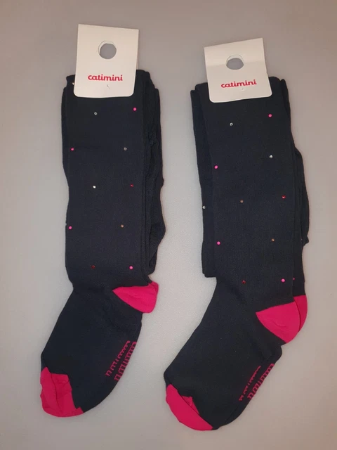 2 Pairs Of Catimini Tights Navy  35/38 Age 10 11 12  Sparkle New Bundle Girls