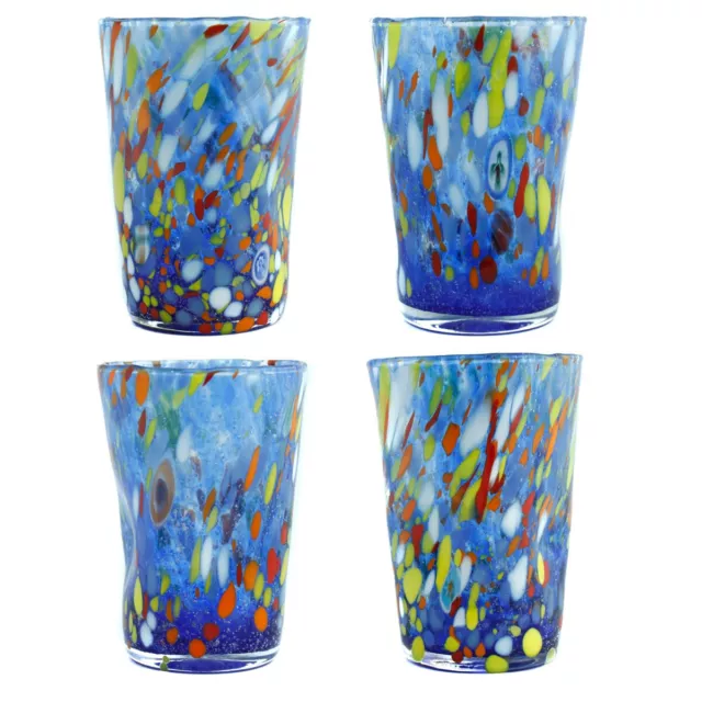 Conjunto De Cuatro 4 Murano Vidrio Bebible Vaso Azul Múltiple Hecho Millefiori