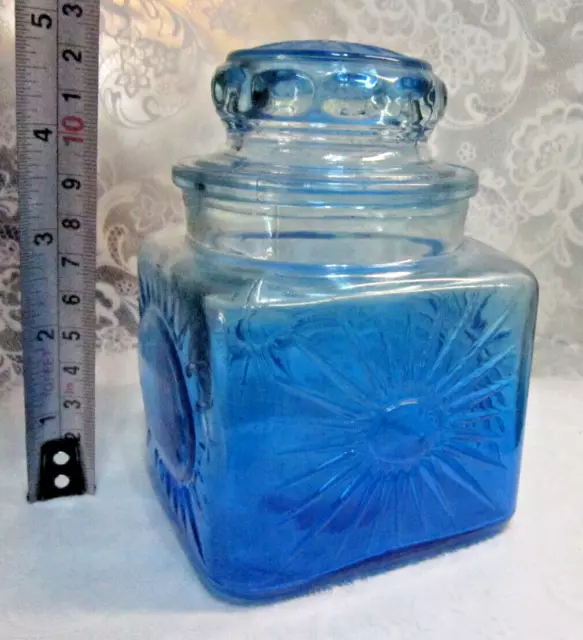 Vintage BLUE Fade Embossed STARBURST GLASS CANISTER Apothecary Candy JAR LID MCM