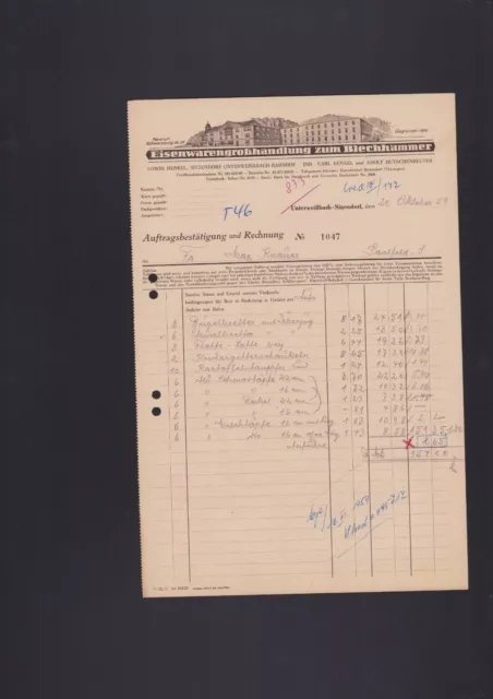 UNTERWEISSBACH-SITZENDORF, Rechnung 1959, Eisenwaren-Grosshandlung zum Blechhamm