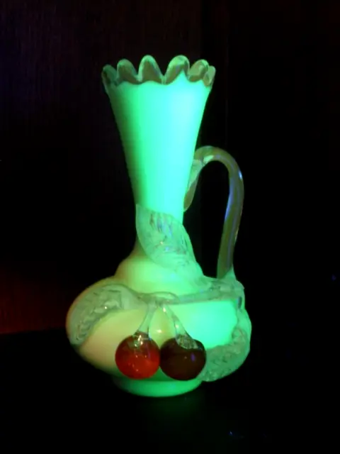 Vintage Uranium Custard Glass Vase Applied Hand Blown Cherries & Leaves Ruffles