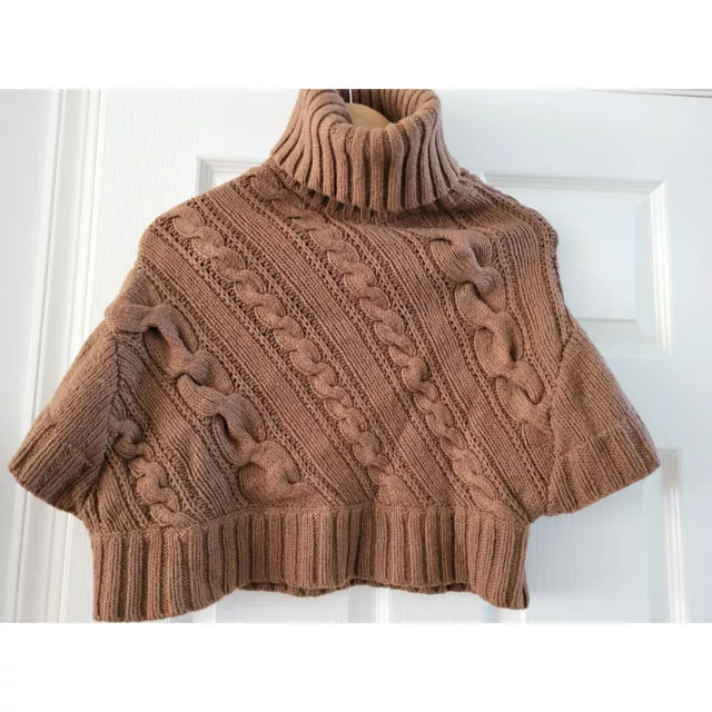 Theory Womens Brown Turtleneck Cable Sweater size Medium Chunky knit Poncho top